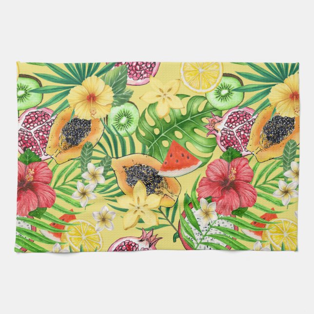 Linge De Cuisine Mix-fruit tropical, fleurs et feuilles sur jaune (Horizontal)