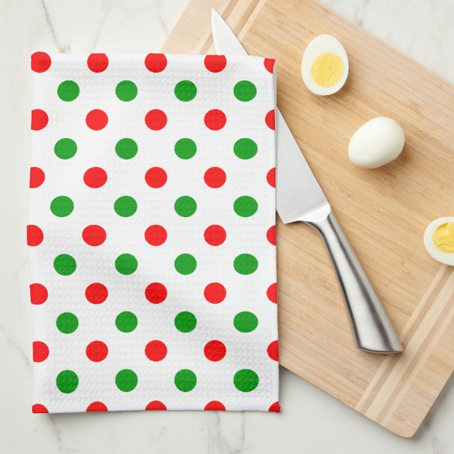 Linge De Cuisine Modèle à pois blancs rouges et verts  (Quart Plié)