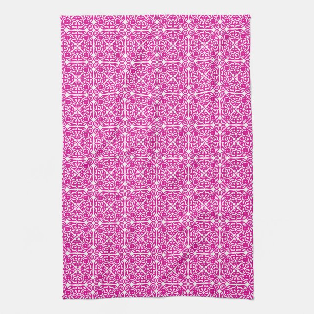 Linge De Cuisine Modèle Damas médiéval, magenta et blanc (Vertical)