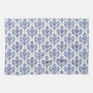 Linge De Cuisine Modèle de damas fleuri - bleu