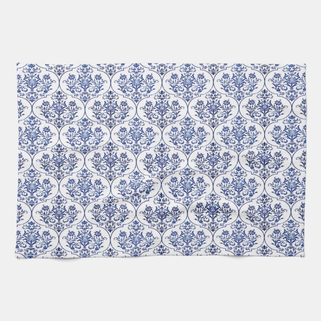 Linge De Cuisine Modèle de damas fleuri - bleu (Horizontal)