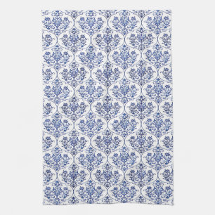 Linge De Cuisine Modèle de damas fleuri - bleu