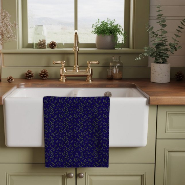 Linge De Cuisine Modèle de feuilles bleu vert nom lettre (Créateur téléchargé)