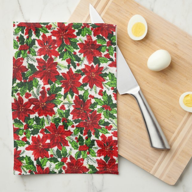 Linge De Cuisine Modèle de Noël aux poinsettias (Quart Plié)