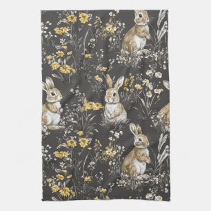 Linge De Cuisine Modèle de toile florale de lapin Cottagecore noir