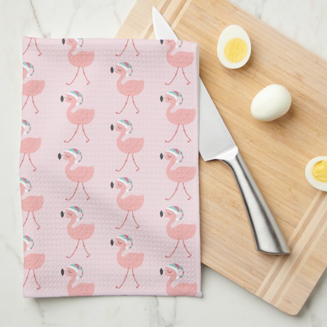 Linge De Cuisine Modèle Flamingo de Père Noël mignonne - Noël rose (Quart Plié)