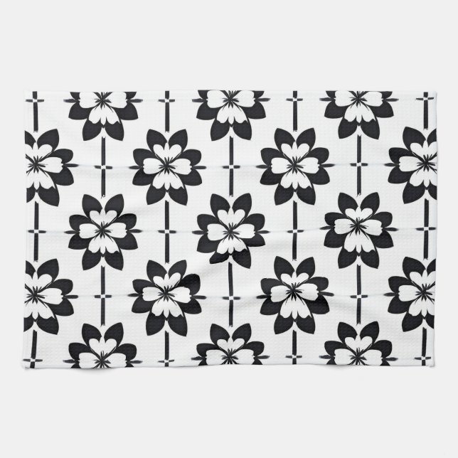 Linge De Cuisine Modèle floral Abstrait noir et blanc (Horizontal)