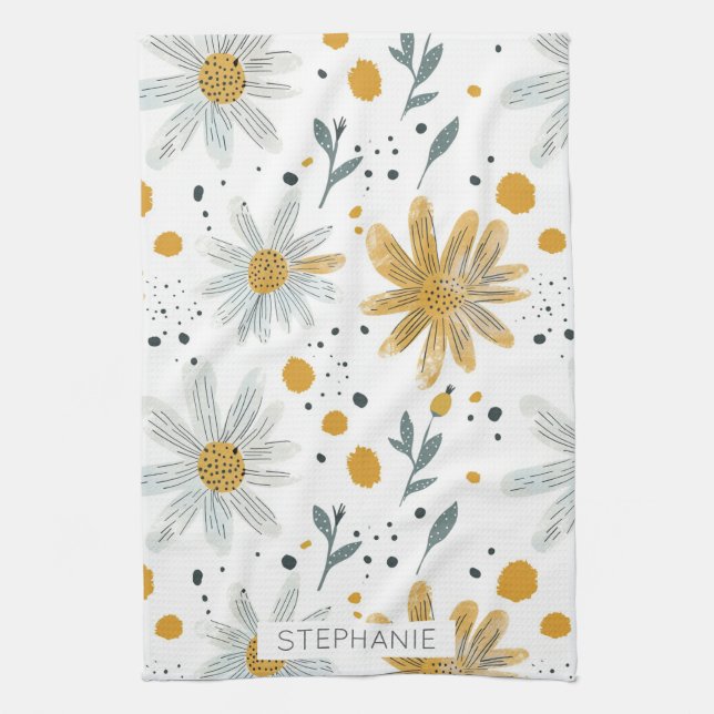 Linge De Cuisine Modèle floral blanc et jaune (Vertical)