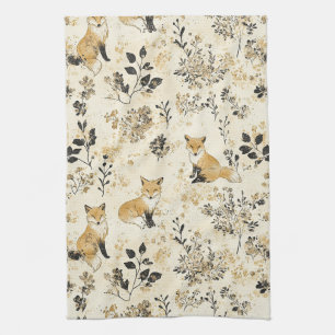 Linge De Cuisine Modèle floral renard des bois en or noir