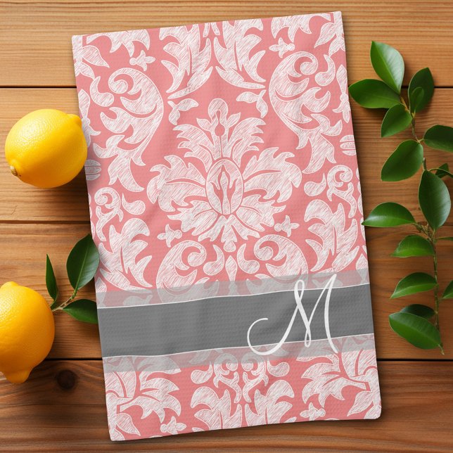 Linge De Cuisine Modèle moderne dentelle Damas - Corail et gris (Damask pattern with monogram - personalized kitchen towel)