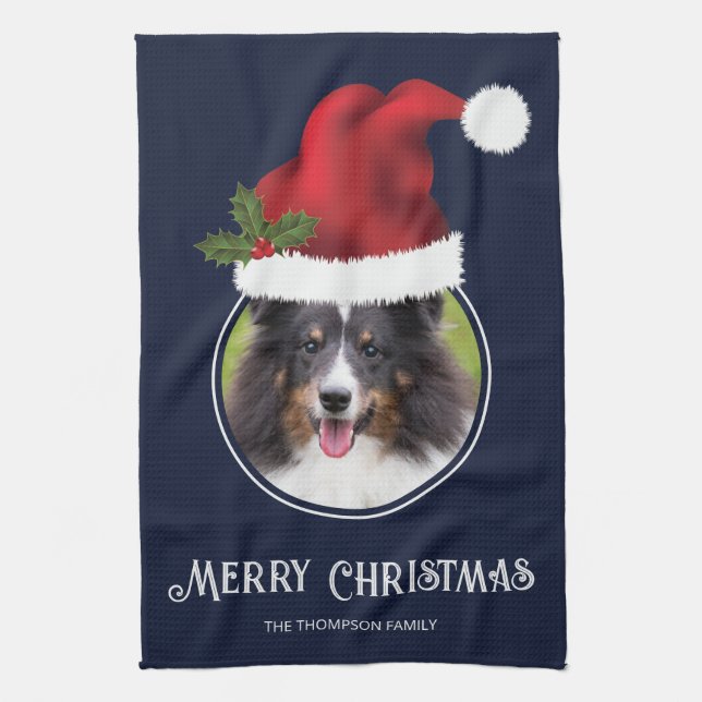 Linge De Cuisine Modèle photo personnalisé Red Santa Hat sur bleu (Vertical)