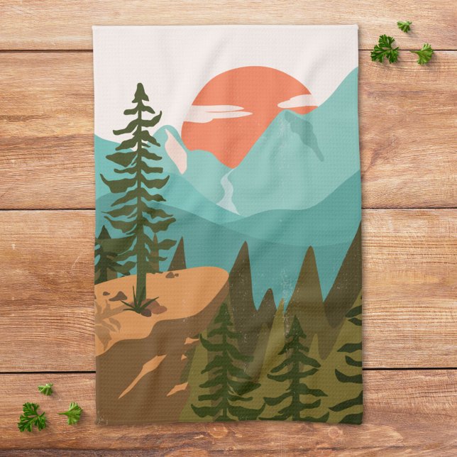 Linge De Cuisine Modern Abstract Forest, Mountains, and Sunrise (In siitu)