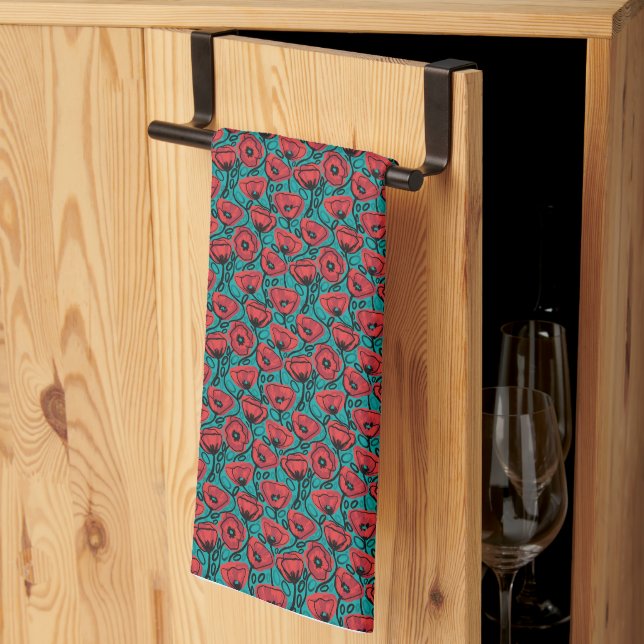 Linge De Cuisine Modern Abstract Red Poppy Floral Pattern (Pliage en tiers)