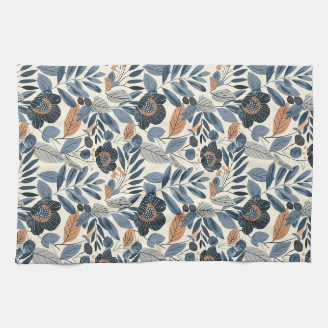 Linge De Cuisine Modern Blue Botanical Spring Floral Kitchen Towels (Horizontal)