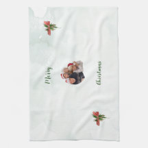Modern merry Christmas family photo kitchen towel