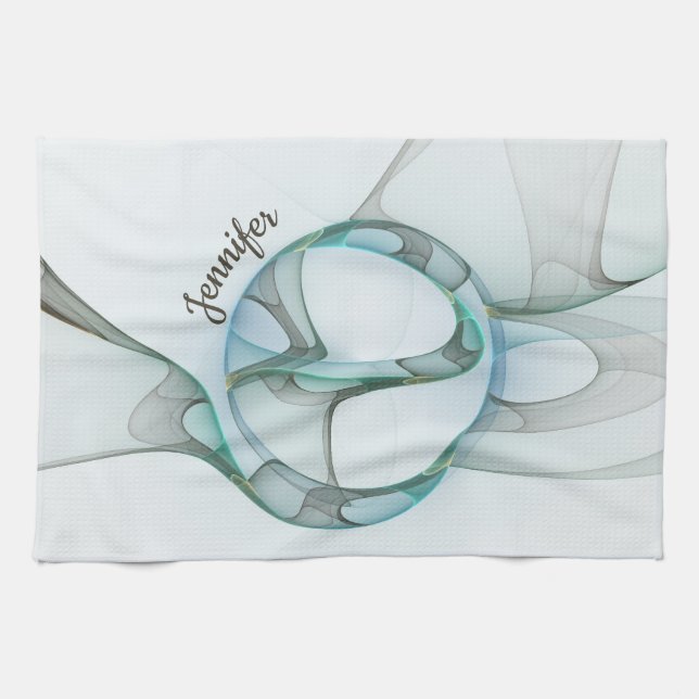 Linge De Cuisine Moderne Abstrait Fractale Bleu Turquoise Gris Nom (Horizontal)
