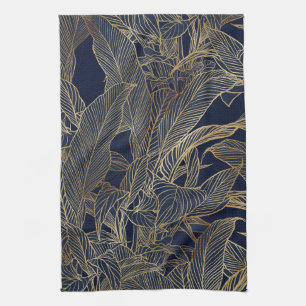 Linge De Cuisine Moderne Blue Gold Foliage Plante Design botanique
