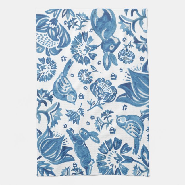 Linge De Cuisine Moderne Blue Jacobean Floral Rabbit Motif d'oiseau (Vertical)