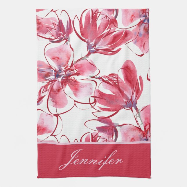 Linge De Cuisine Moderne Chic Rouge Tropical Floral Nom personnalis (Vertical)