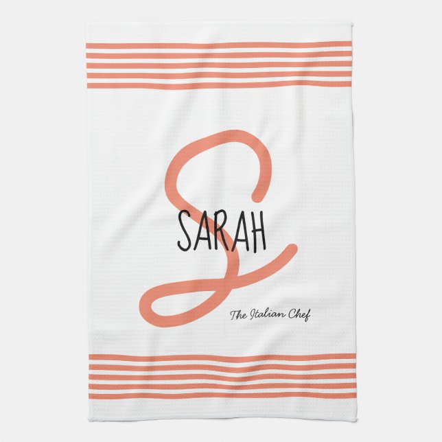 Linge De Cuisine Moderne Corail Élégant Monogramme Hôtesse (Vertical)