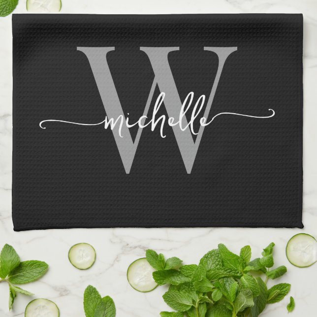 Linge De Cuisine Moderne écriture personnalisée monogramme gris noi (Plié)