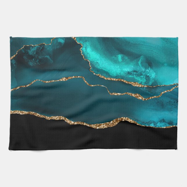 Linge De Cuisine Moderne et élégant Turquoise Agate & Gold Ribbon s (Horizontal)