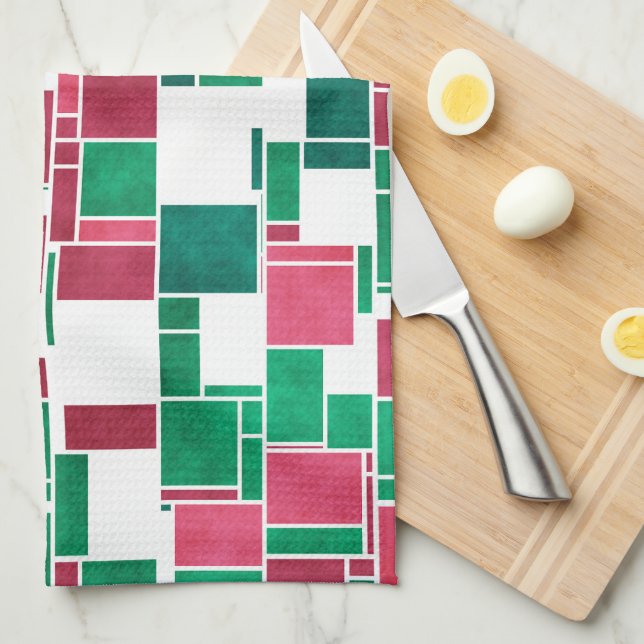 Linge De Cuisine Moderne Gras Rouge et Vert Noël Mondrian (Quart Plié)