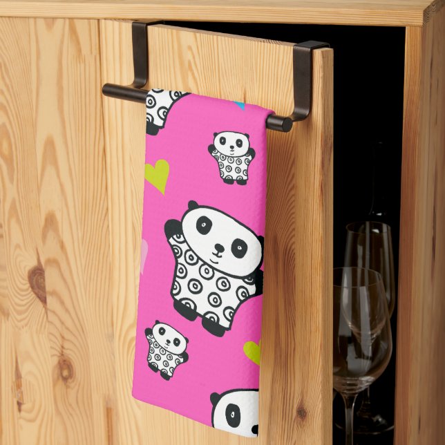Linge De Cuisine Moderne Mignon Kawaii Panda Cœurs Roses (Pliage en tiers)