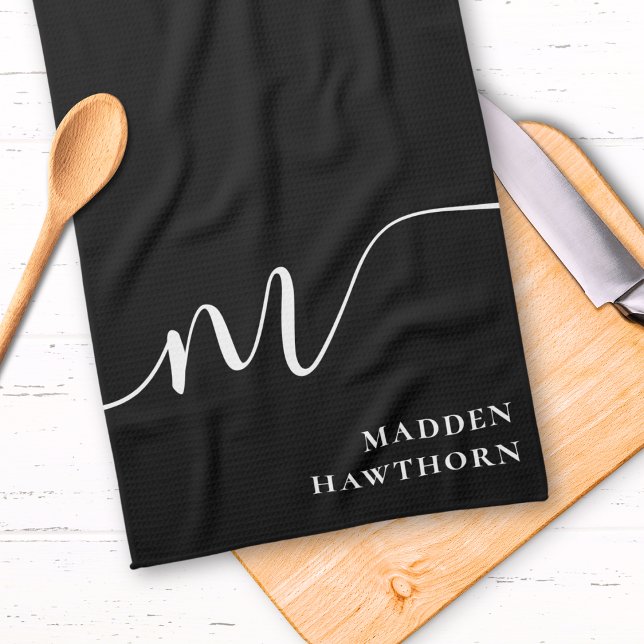 Linge De Cuisine Moderne Monogramme Script Calligraphie noir blanc (Créateur téléchargé)