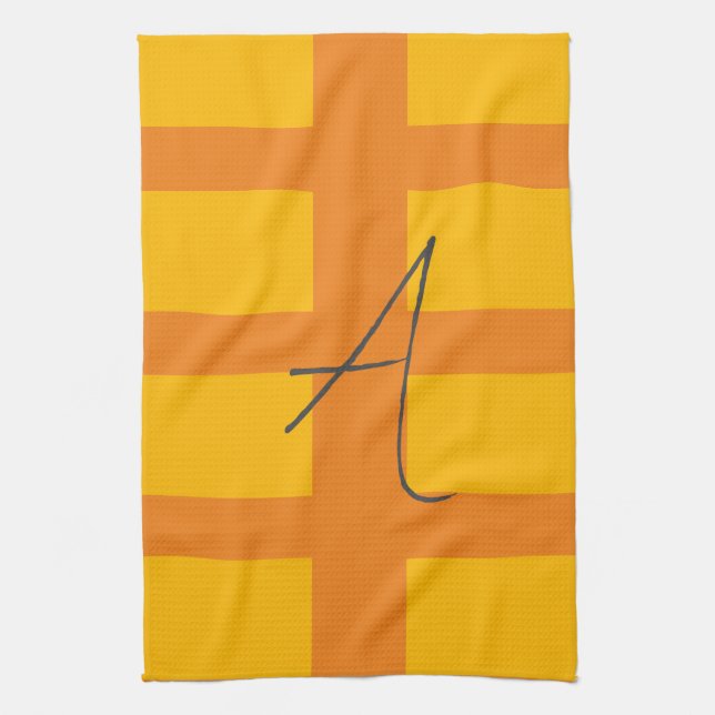 Linge De Cuisine Moderne Orange Jaune Couleur Monogramme Nom initia (Vertical)