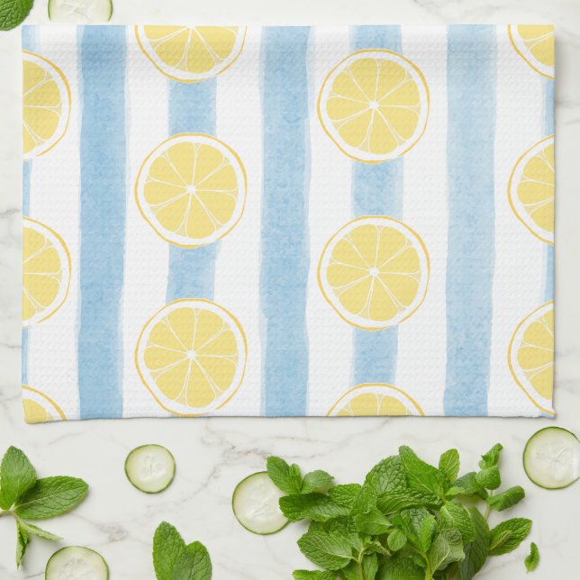 Linge De Cuisine Moitiés de citron sur des rayures bleu océan (Plié)