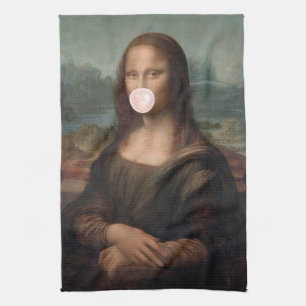 Linge De Cuisine Mona Lisa soufflant un bubble gum rose