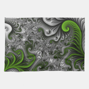 Linge De Cuisine Monde Fantastique Art Fractal Abstrait Vert Et Gri