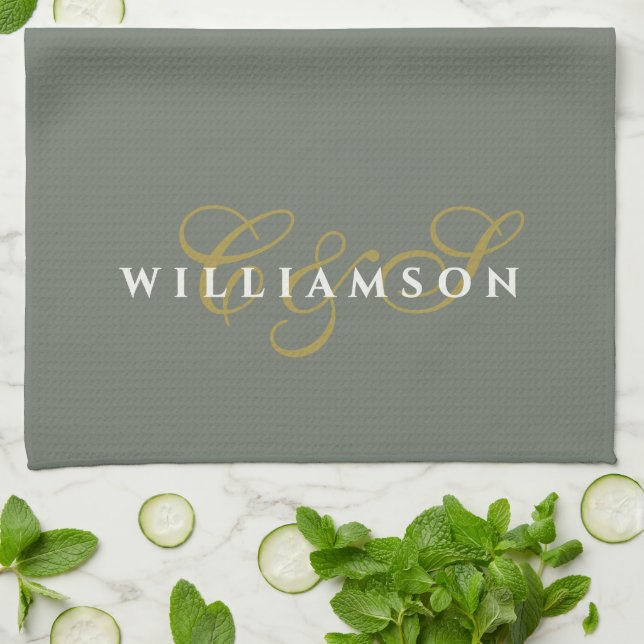Linge De Cuisine Monogram Couple Minimalist Olive Green Gold White (Plié)
