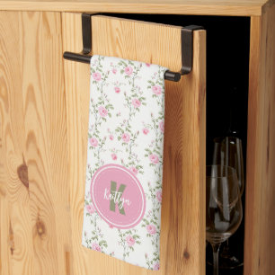 Linge De Cuisine Monogramme à motif de fleurs de roses roses élégan