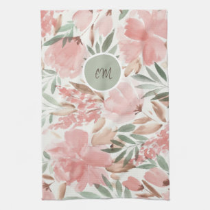 Linge De Cuisine Monogramme à motif floral aquarelle