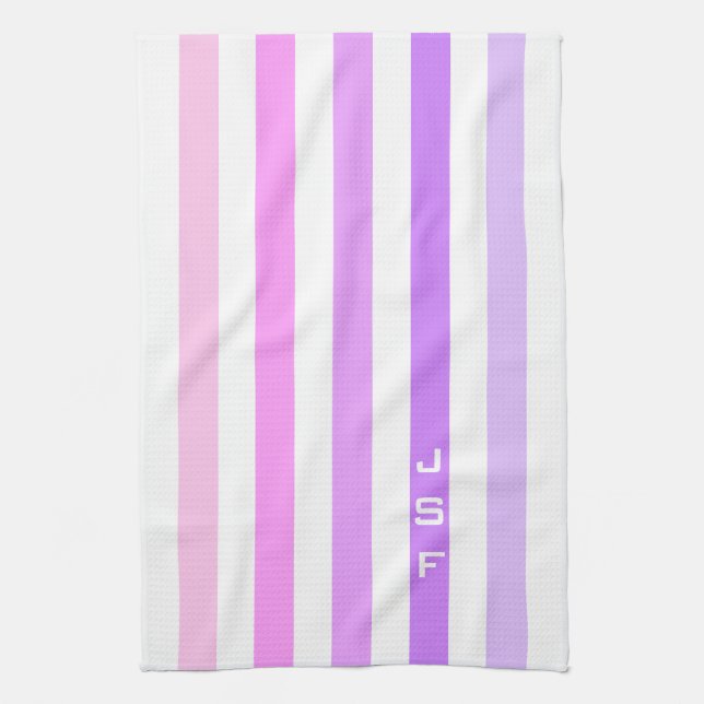 Linge De Cuisine Monogramme à rayures verticales rose et violet (Vertical)