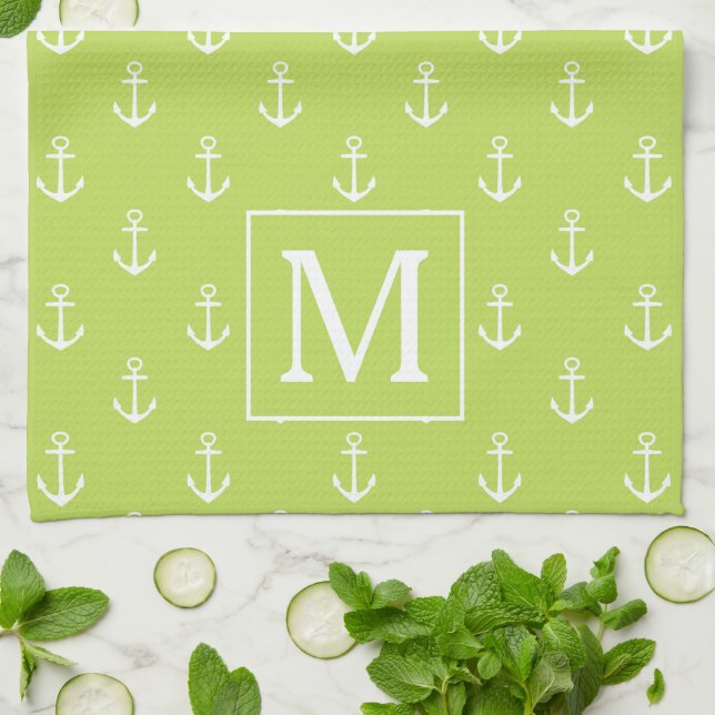 Linge De Cuisine Monogramme Ancres Vert Feuille de Palmier et Blanc (Plié)