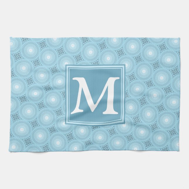 Linge De Cuisine Monogramme ange bleu cercles motif (Horizontal)