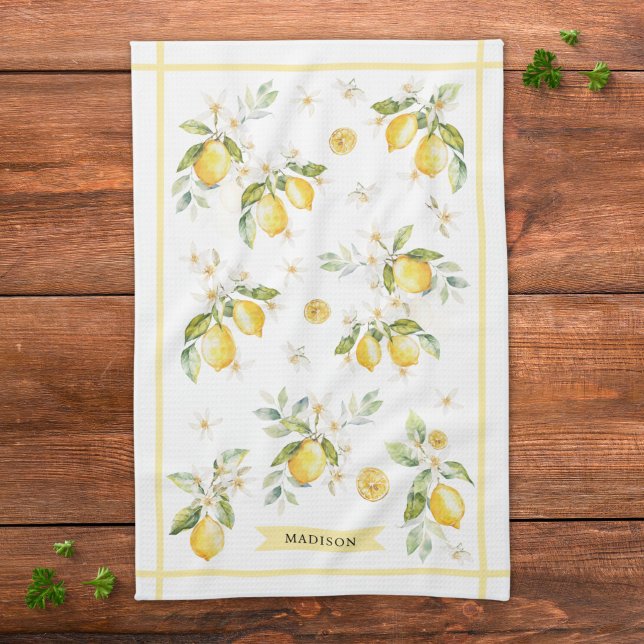 Linge De Cuisine Monogramme Aquarelle Citron Floral Botanique (Créateur téléchargé)