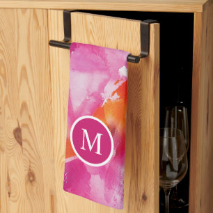 Linge De Cuisine Monogramme Aquarelle Rose Orange Abstrait