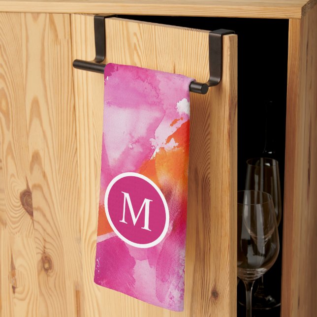 Linge De Cuisine Monogramme Aquarelle Rose Orange Abstrait (Pliage en tiers)