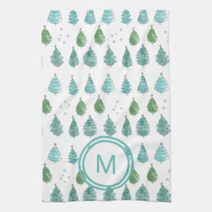Linge De Cuisine Monogramme Arbres de Noël Turquoises