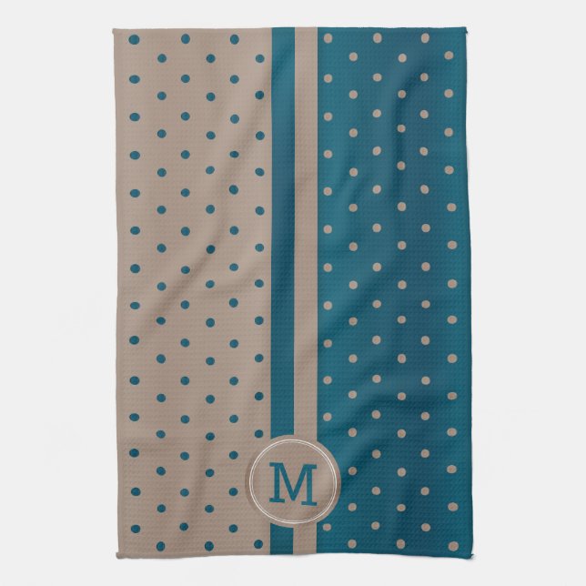 Linge De Cuisine Monogramme Ardoise Bleu et Pointe Tan Polka (Vertical)