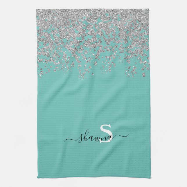 Linge De Cuisine Monogramme Argent et Turquoise Féminin avec Étince (Vertical)