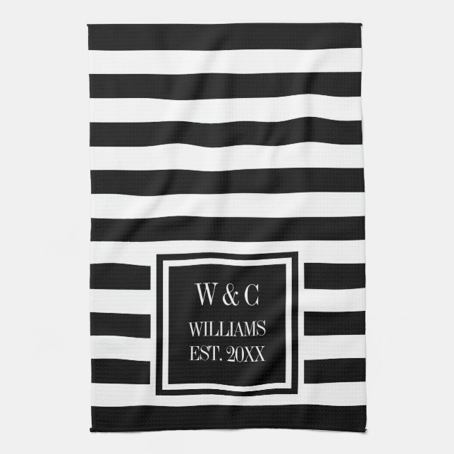 Linge De Cuisine Monogramme Black White Strip Personnalisé (Vertical)
