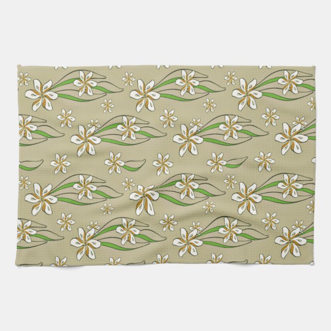 Linge De Cuisine Monogramme blanc floral Beige arrière - plan (Horizontal)