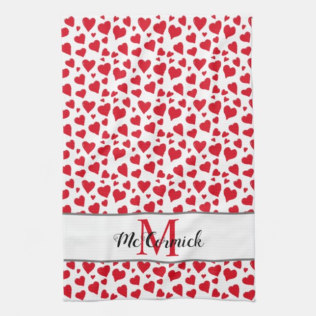 Linge De Cuisine Monogramme blanc rouge Motif du coeur mou Personna (Vertical)