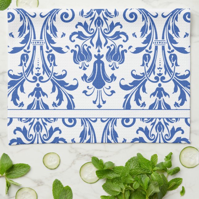 Linge De Cuisine Monogramme bleu blanc floral brille Damask (Plié)