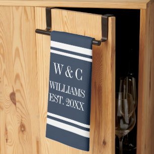 Linge De Cuisine Monogramme bleu marine et blanc personnalisé